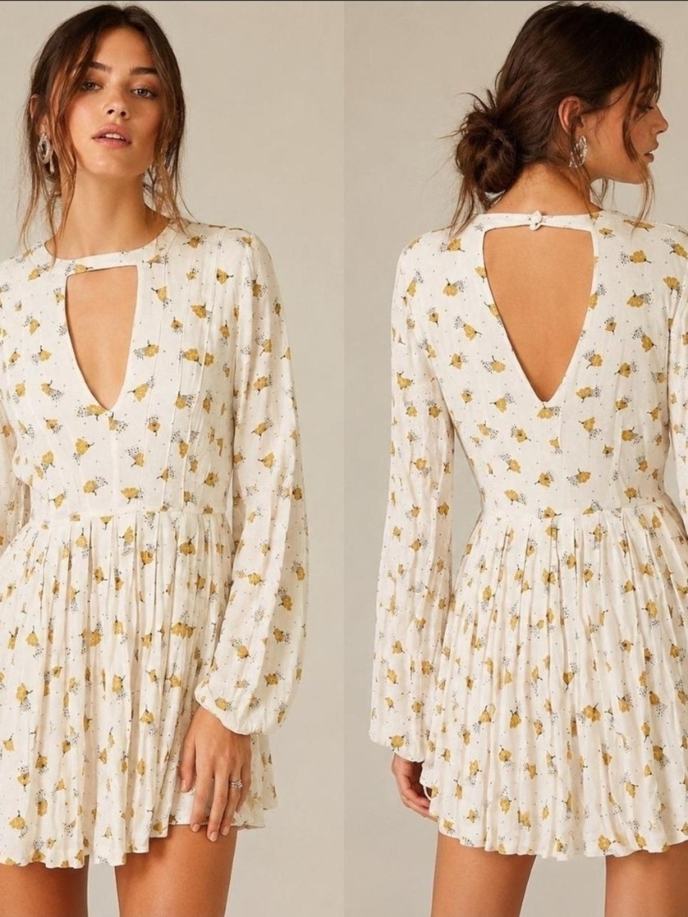 Free People Tegan long-sleeve mini dress - White/Yellow